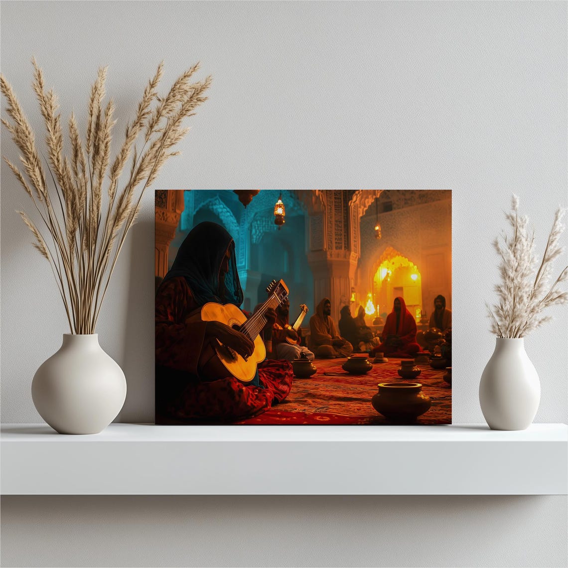 Lantern Lit Acoustic Music Gathering Inside Ornate Shrine Poster