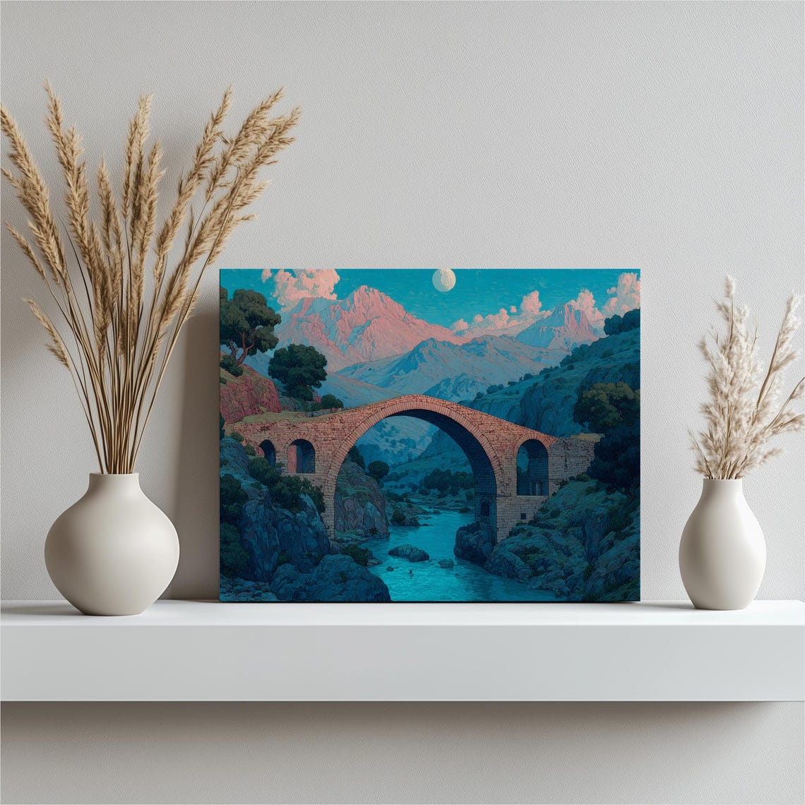 Ancient Stone Arch Bridge Moonlit Mountain River Night Wall Art