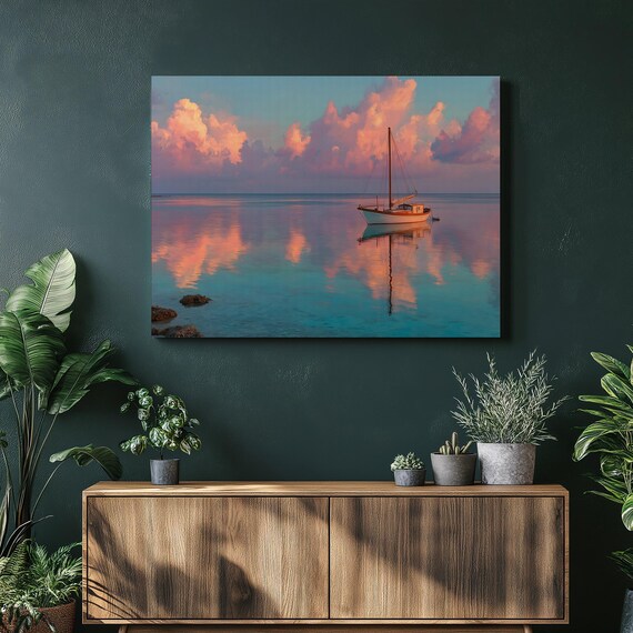 Sailboat On Calm Sunset Ocean Beneath Pink Clouds Scene Poster