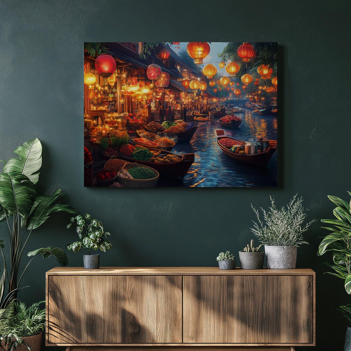Thailand Floating Night Market Lanterns Canal Boats Art Poster