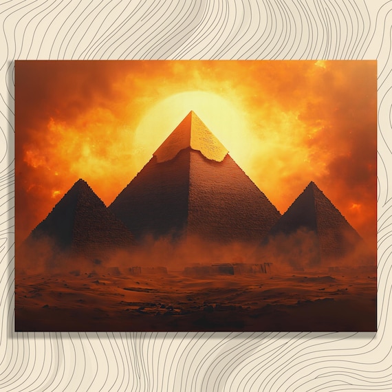 Giza Pyramids Blazing Orange Desert Sunset Travel Art Poster