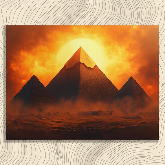 Pyramids At Sunset Canvas Wall Art Ancient Egypt History Desert Painting Of Giza Historic Landmarks Great