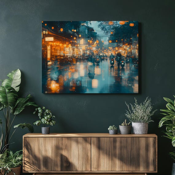 Vietnam Night Cityscape Canvas Wall Art Hanoi Old Quarter Rainy Street Lantern Lights With Scooters Bokeh Reflections Urban Travel