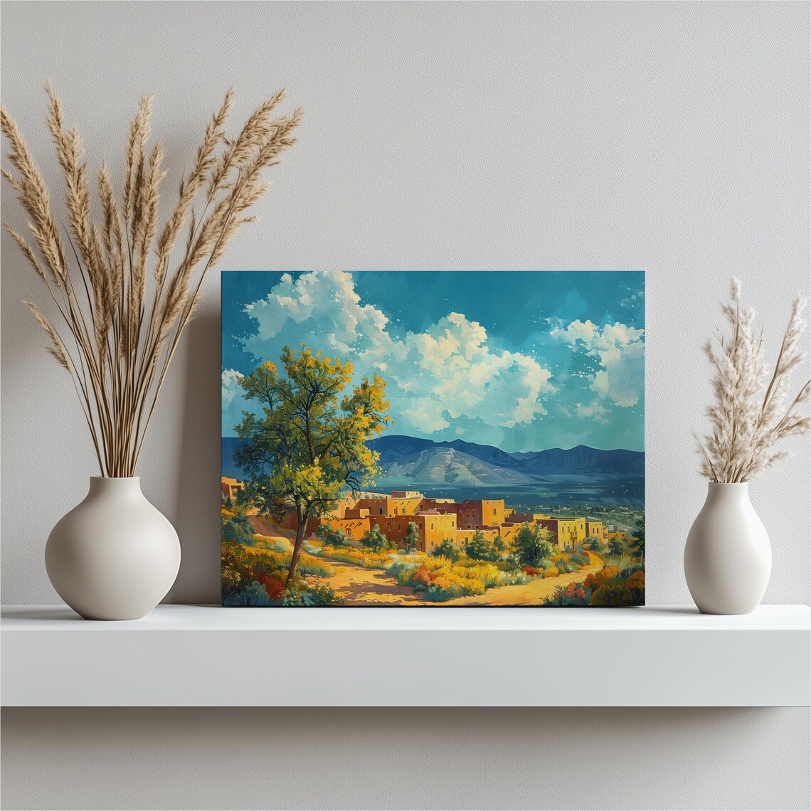 New Mexico Adobe Pueblo Village Desert Mountains Oil Painting Poster