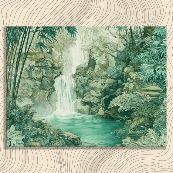 Tranquil Waterfall Bamboo Canvas Wall Art Serene Tropical Landscape Print Painting Nature Watercolor Decor Lush Foliage