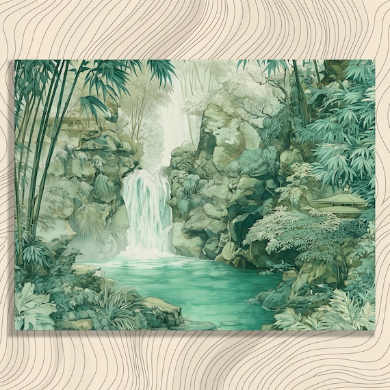 Tropical Waterfall Bamboo Forest Serene Teal Watercolor Nature Art Poster