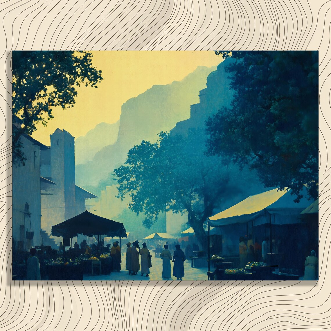 Misty Village Market Dawn Blue Toned Mountain Village Scene Poster