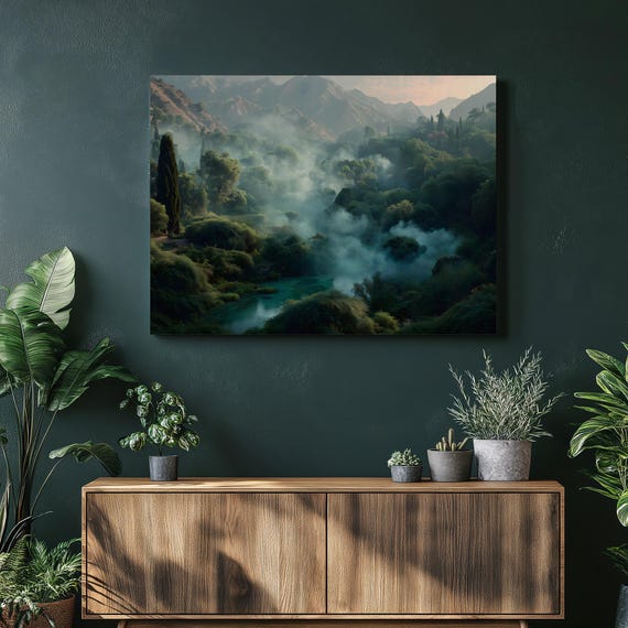 Misty Forest River Canvas Wall Art Sunrise Landscape With Emerald Valley Nature Mountain Fine Print Gift For Hikers