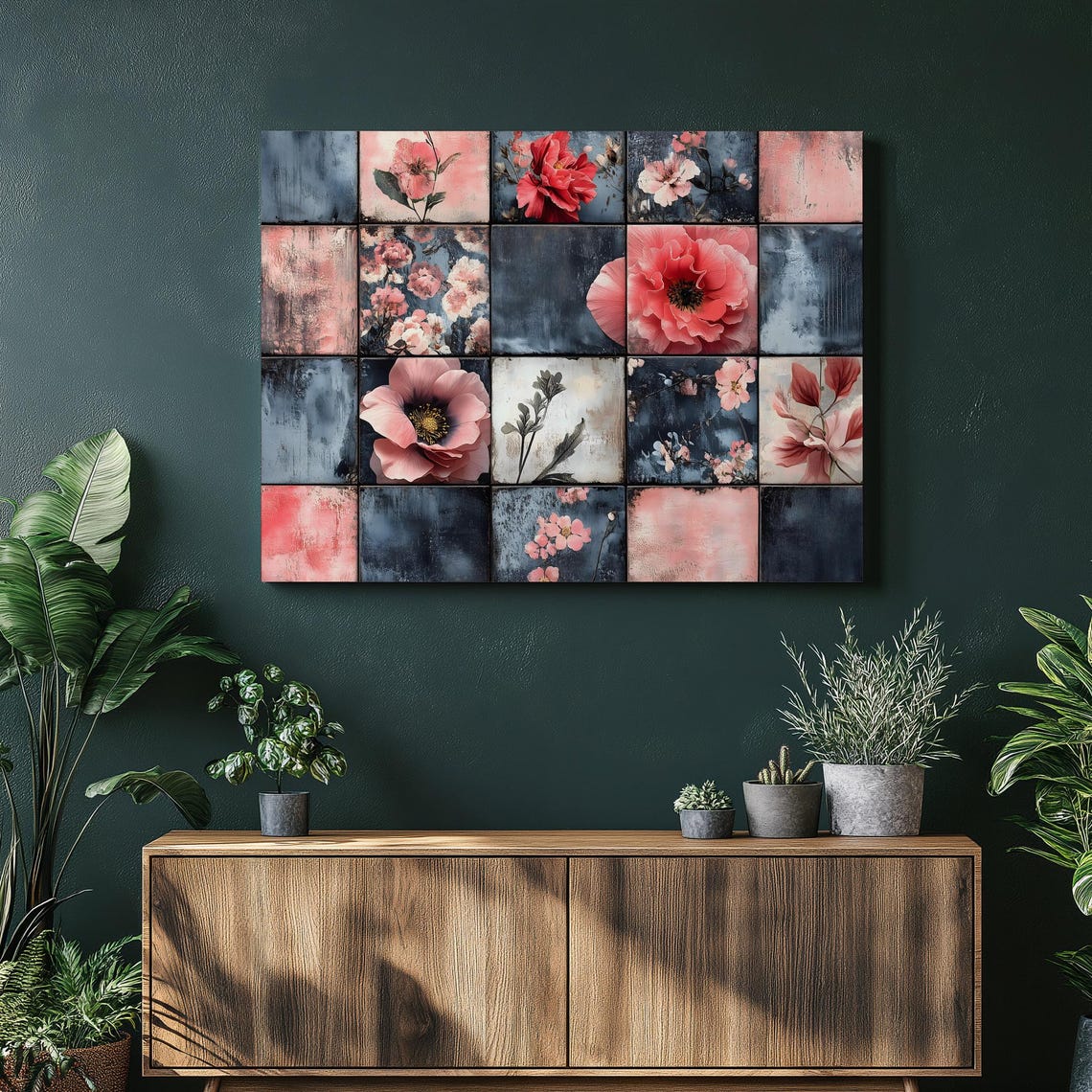 Floral Mosaic Squares Canvas Wall Art Pink Botanical Patchwork Tiles In Blush And Charcoal Modern Flower Grid Texture Decorative Print