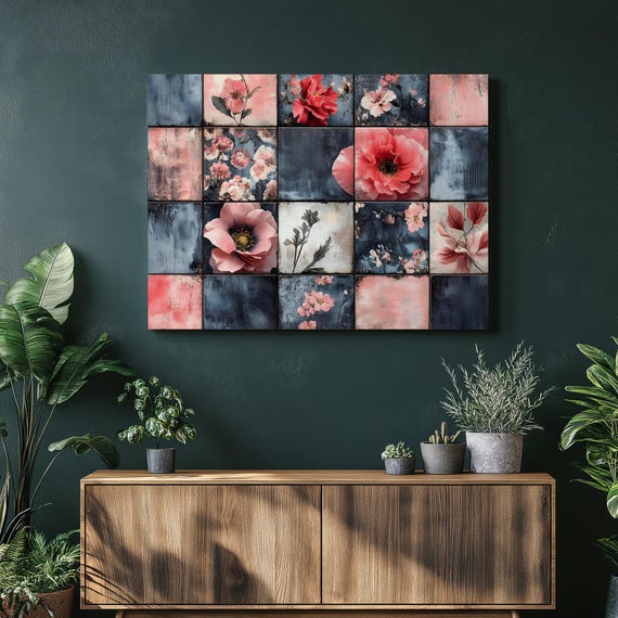 Floral Mosaic Squares Canvas Wall Art Pink Botanical Patchwork Tiles In Blush And Charcoal Modern Flower Grid Texture Decorative Print