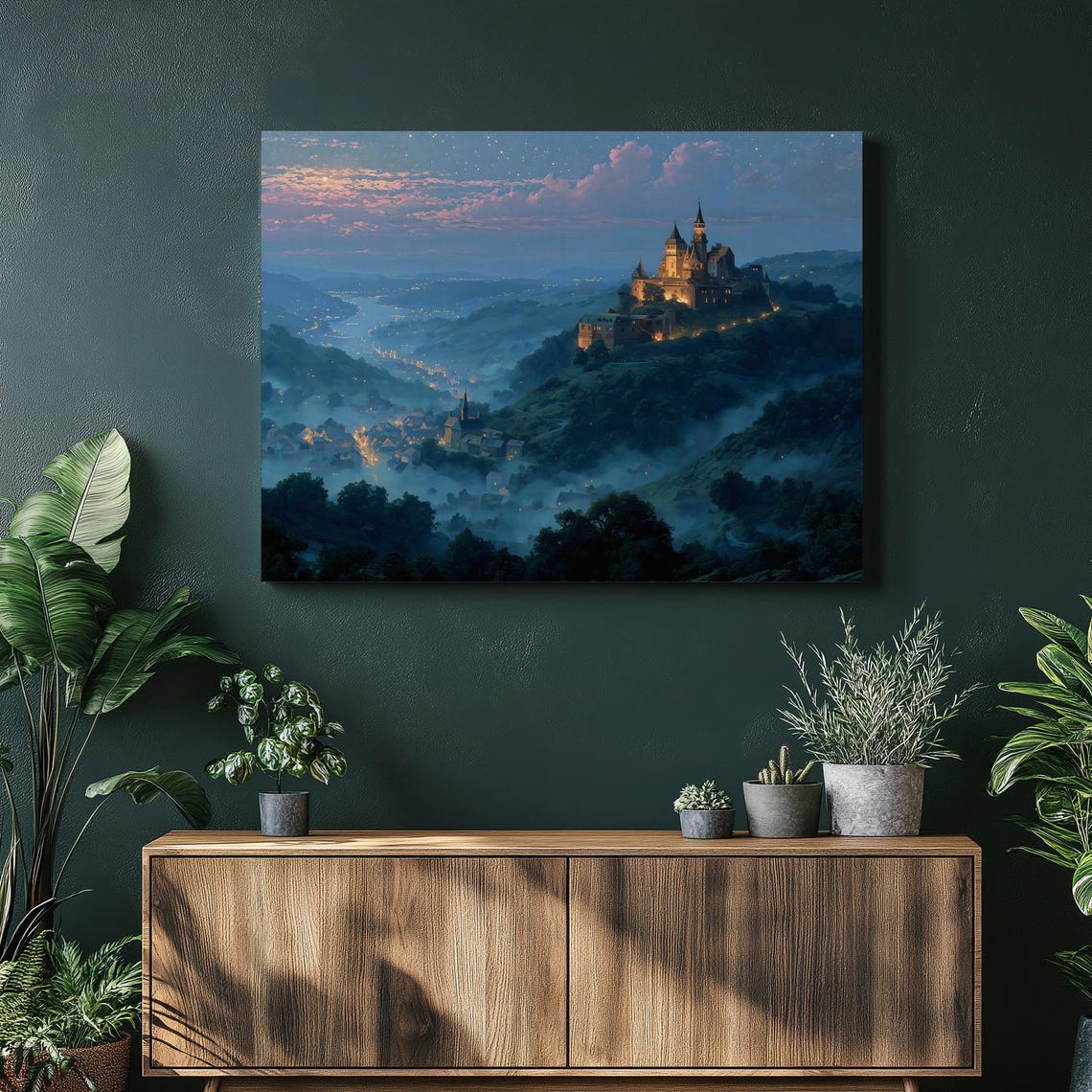 Medieval Castle on Hill Twilight Misty Valley Fairytale Wall Art