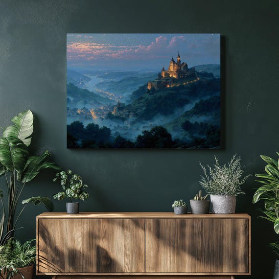 Medieval Castle Nightscape Canvas Wall Art Moonlit Fantasy Landscape Starry Sky Gothic Print Misty Valley Blue Gold Decor