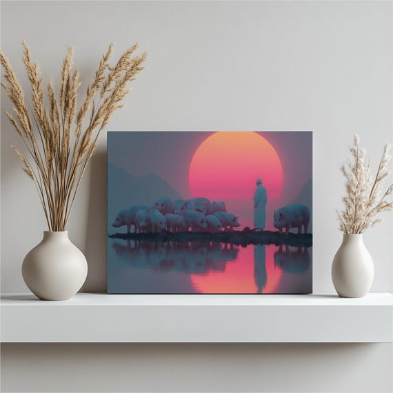 Neon Sunset Pigs Canvas Wall Art Synthwave Robed Figure By Lake With Pink Sun Reflection Futuristic Shoreline Scene Spiritual