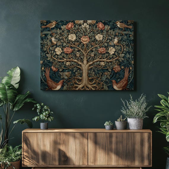 Tree Of Life Canvas Wall Art Vintage Botanical Birds Floral Print Nature Decor Arts And Crafts Style Symmetrical Painting Gift