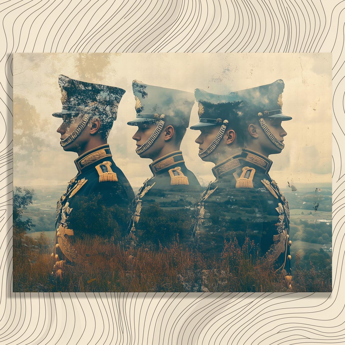 Soldiers Triple Exposure Uniform Portrait Surreal Landscape Art Poster
