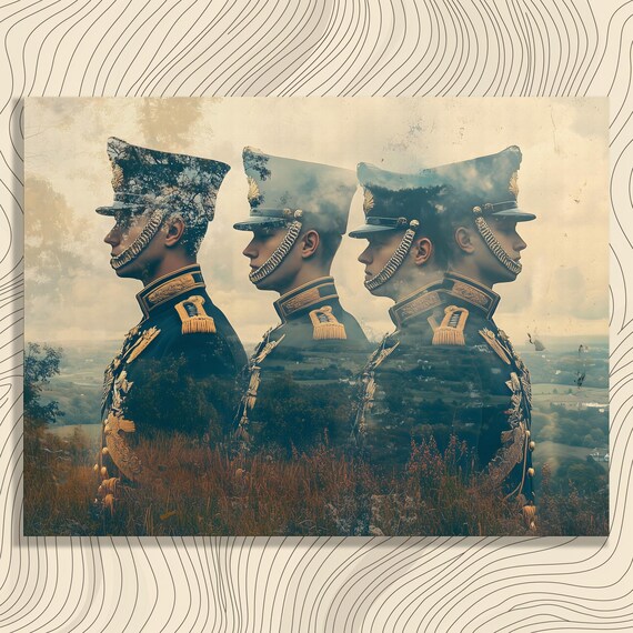 Surreal Soldier Trio Canvas Wall Art Abstract Reflection Landscape In Blue And Gold Tones With Uniform Silhouette For Collectors