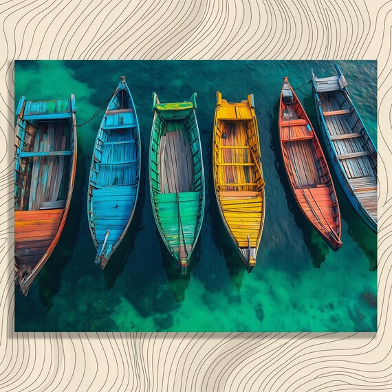 Six Colorful Wooden Fishing Boats Aerial Turquoise Water Poster