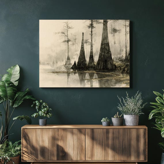 Misty Cypress Swamp Canvas Wall Art Ink Wash Landscape Print Neutral Bayou Decor Nature Illustration Water Reflection Rustic Marsh Scene