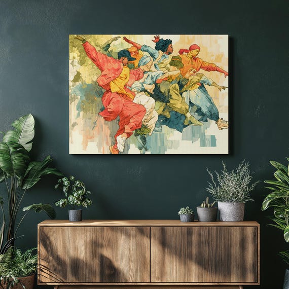 Street Dancers Hip Hop Canvas Wall Art Vibrant Urban Movement Illustration With Leaping Dance Crew Modern Decor For Home And Studio Gift