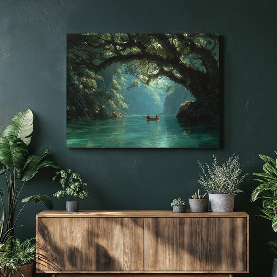 Forest River Rowboat Canvas Wall Art Canyon Landscape Painting Water Reflection Green Nature Decor Tree Canopy Colorful Wilderness Print