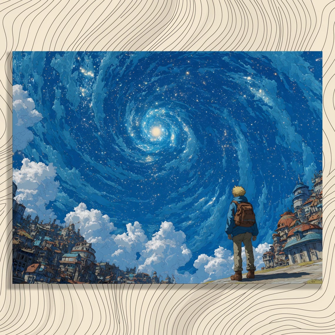 Anime Boy Backpack Watching Galaxy Sky City Fantasy Art Poster