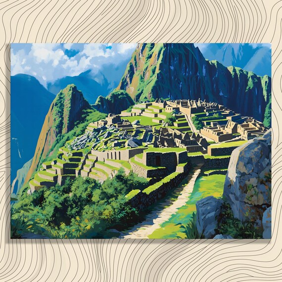 Machu Picchu Inca Ruins Peru Mountains Colorful Travel Art Poster