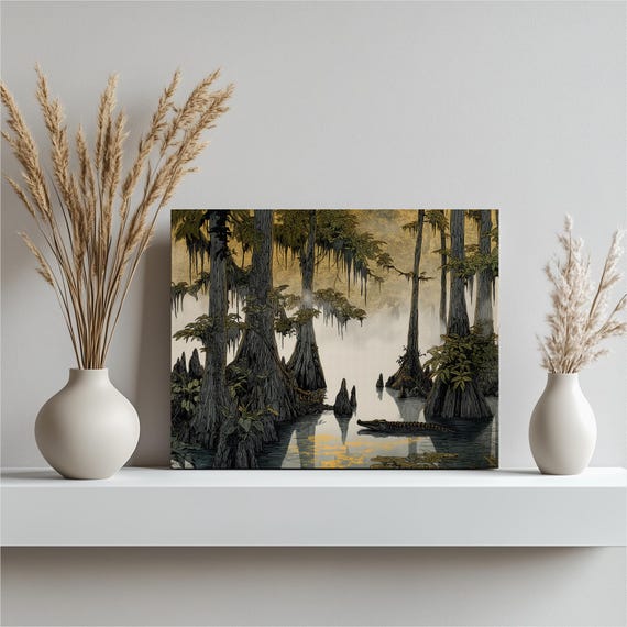 Dark Bayou Swamp Canvas Wall Art Misty Cypress With Spanish Moss Alligator In Fog Woodcut Style Rustic Botanical Nature Print Green Gold