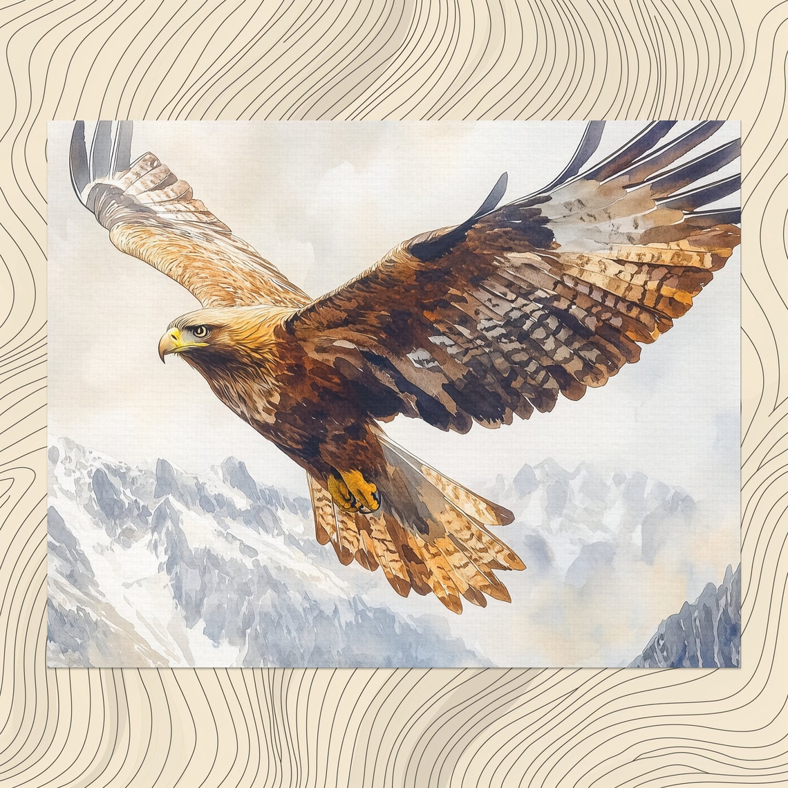 Golden Eagle Soaring Over Snowy Mountains Watercolor Art Poster