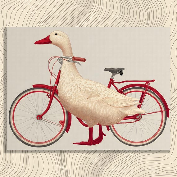 Goose Bicycle Canvas Wall Art Vintage Illustration Whimsical Design Bird Modern Line Farmhouse Decor