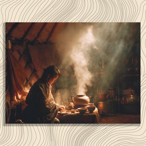 Mongolian Yurt Tea Ceremony Steaming Kettle Warm Firelight Art Print