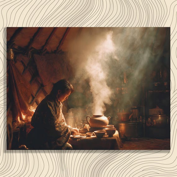 Traditional Tea Ceremony Canvas Wall Art Mongolian Yurt Scene Teapot Pottery Textiles Cultural Print Rustic Decor Artwork For Lovers