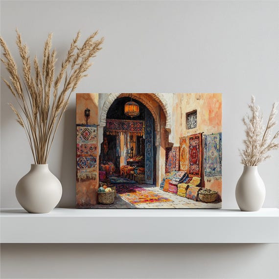 Stunning Morocco Canvas Wall Art Marrakech Market Scene With Rugs Spices And Historic Architecture Home Office Bedroom Entrance Decoration