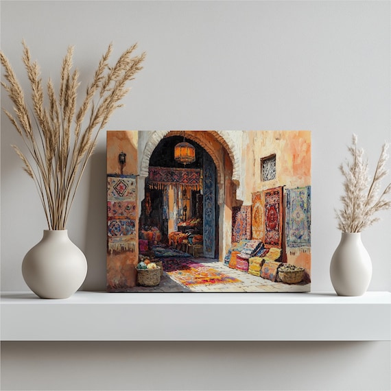 Vibrant Moroccan Souk Archway Colorful Rugs Market Scene Art Poster