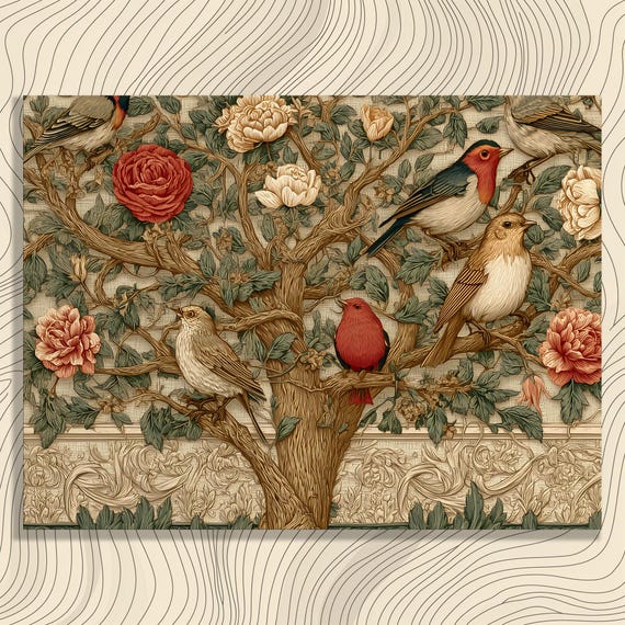 Vintage Birds Roses Canvas Wall Art Nouveau Victorian Botanical Bird Illustration Rose Tree Floral Decor Print Songbirds