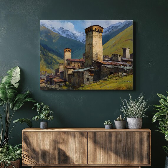 Svaneti Georgia Stone Tower Village Mountain Landscape Painting Poster