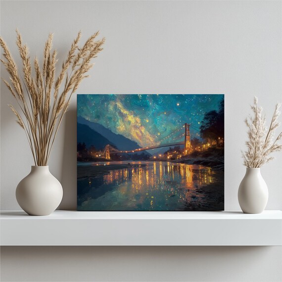 Suspension Bridge Canvas Wall Art Starry Night Print With River Reflection Cityscape Landscape Decor On Blue Green Gold