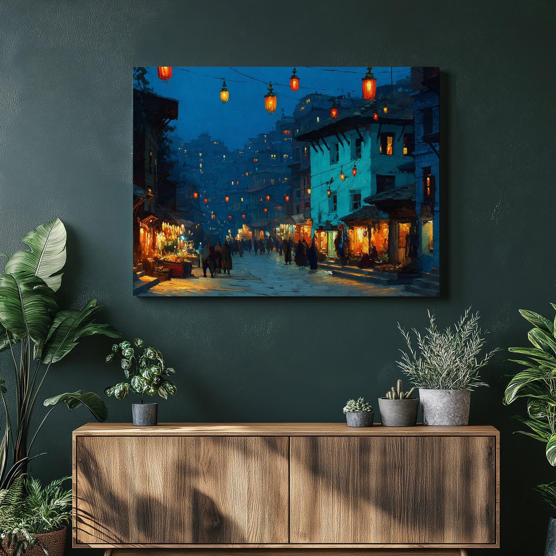 Glowing Lantern Night Market Street Evening City Scene Poster