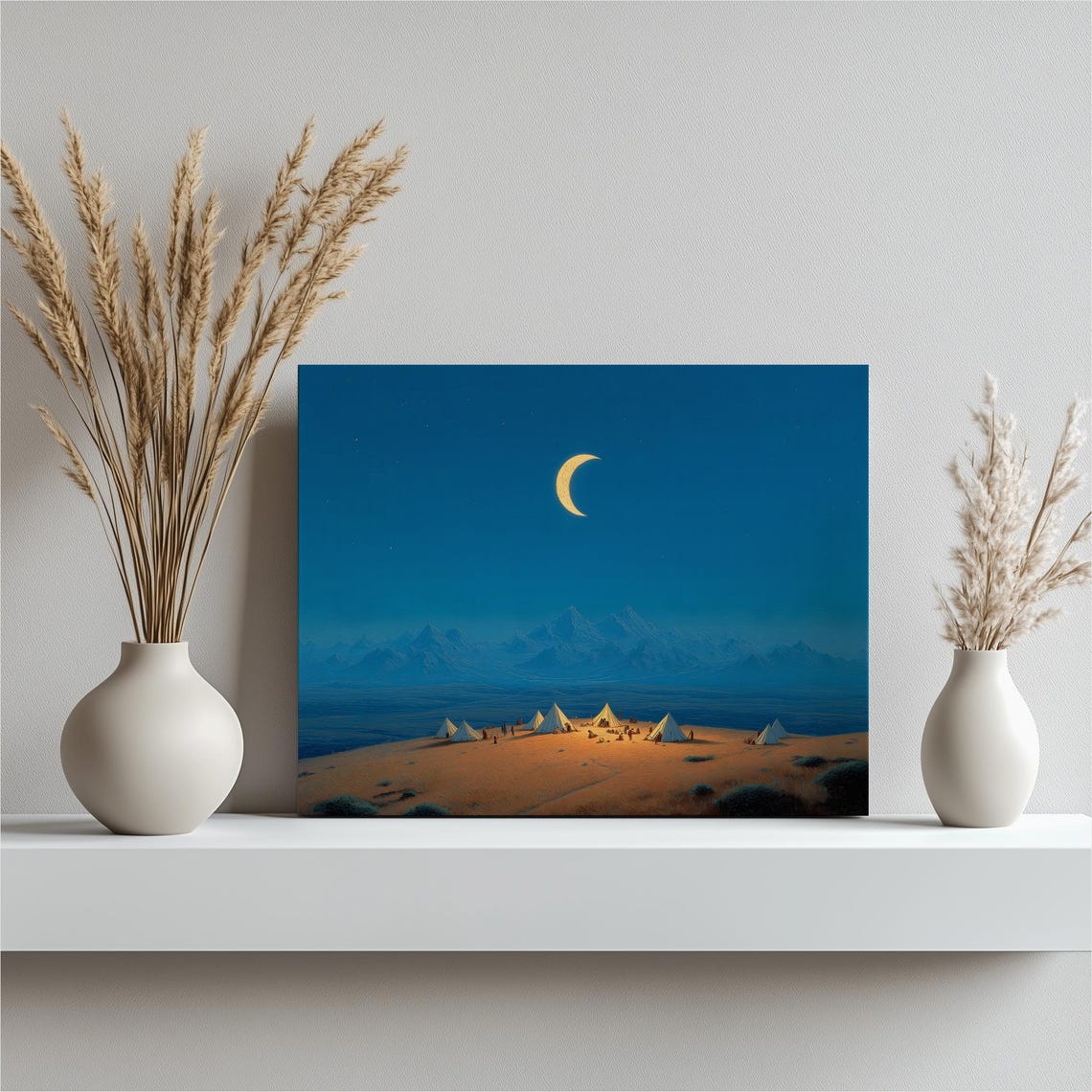 Moonlit Desert Campsite Under Crescent Moon Night Landscape Poster