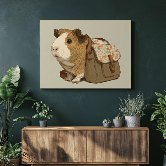 Guinea Pig Canvas Wall Art Modern Animal Print Featuring Floral Satchel Illustration Cute Pet Artwork Decor Nature Inspired Painting Gift