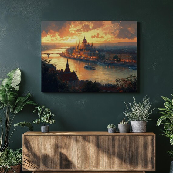 Budapest Danube River Sunset Canvas Print Home Decor Wall Art Hungarian Parliament Cityscape Landscape Painting Architecture
