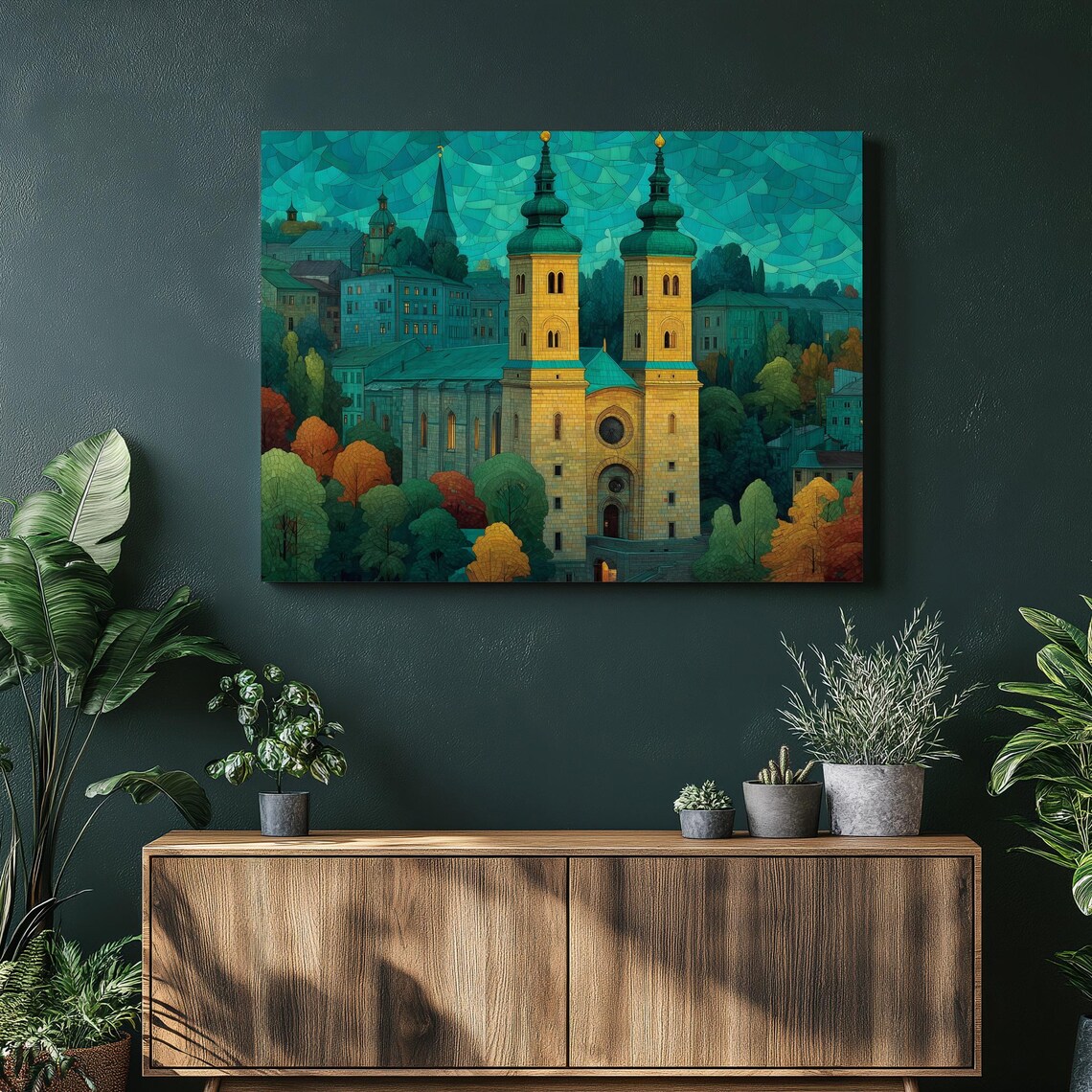 Cathedral Stained Glass Mosaic European Church Dusk Cityscape Wall Art