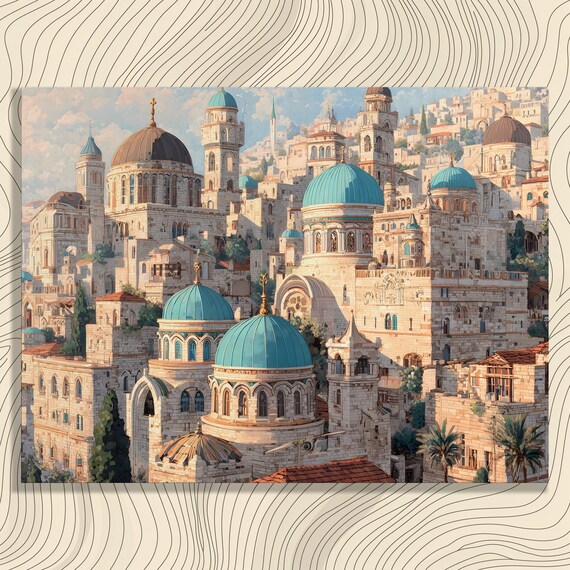 Mediterranean Cityscape Canvas Wall Art Ancient Hillside City Skyline Domed Structures Stone Homes Red Tiled Roofs Cypress Lined Streets