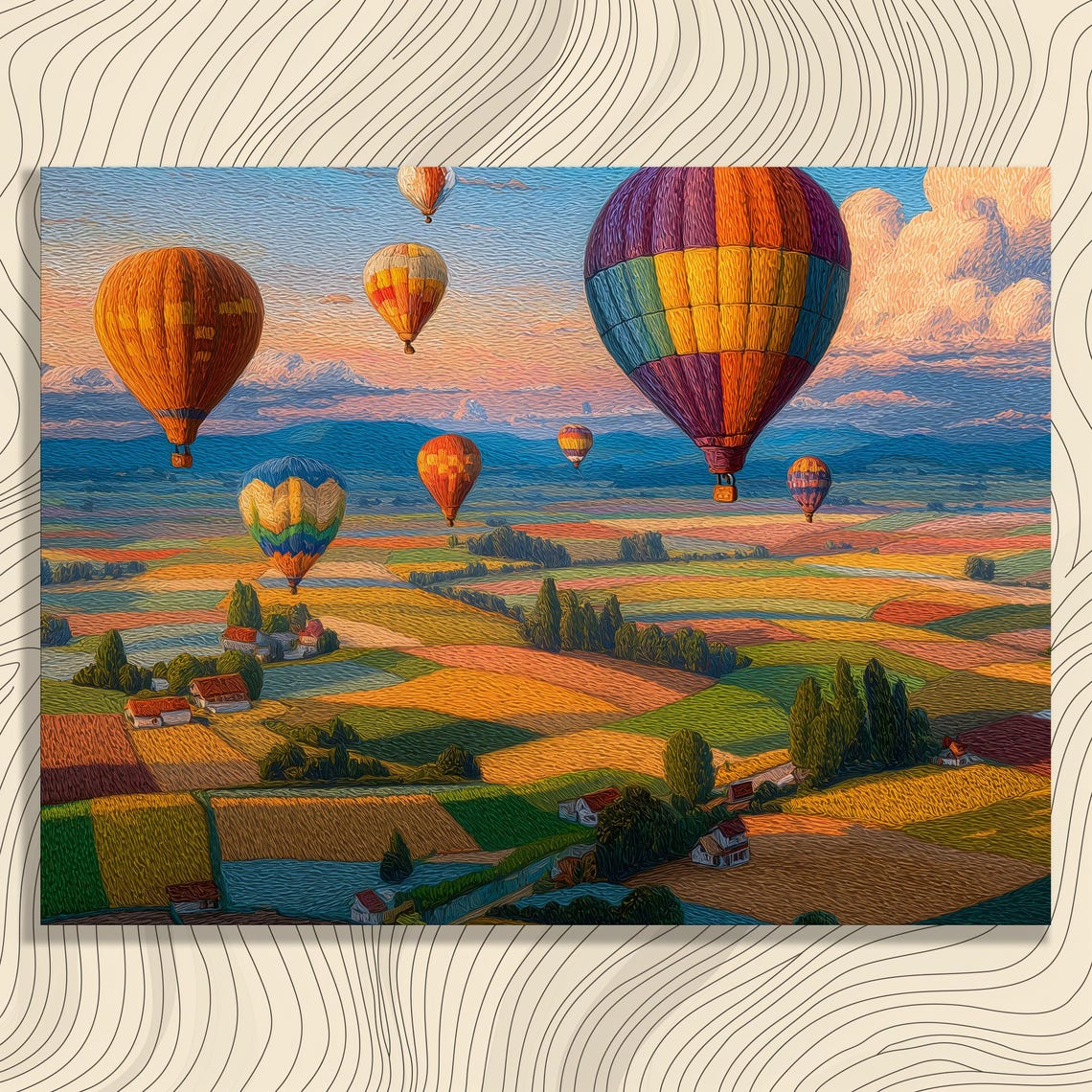 Colorful Hot Air Balloons Patchwork Fields Sunset Painterly Poster