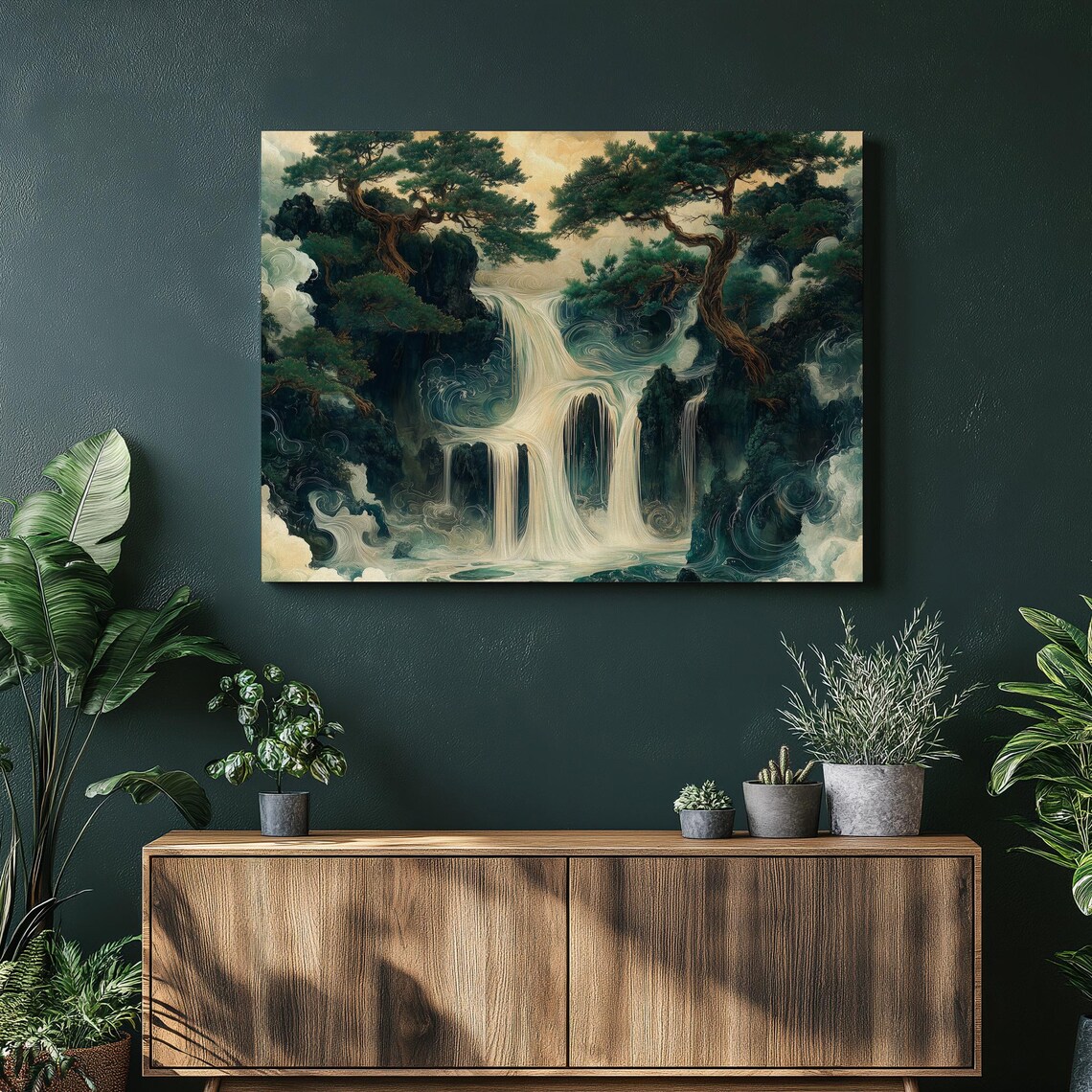 Chinese Ink Wash Waterfall Pines Serene Mountain Landscape Poster