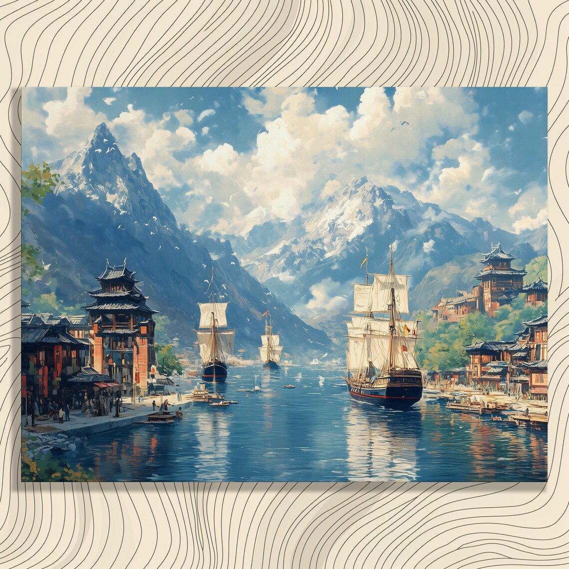 Fantasy Harbor Tall Ships Pagodas Snowy Mountains Art Poster