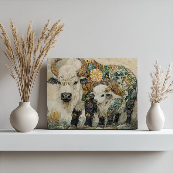 Boho Yak Canvas Wall Art Colorful Mother And Baby Watercolor Painting Unique Nature Wildlife Print For Living Room Nursery Office