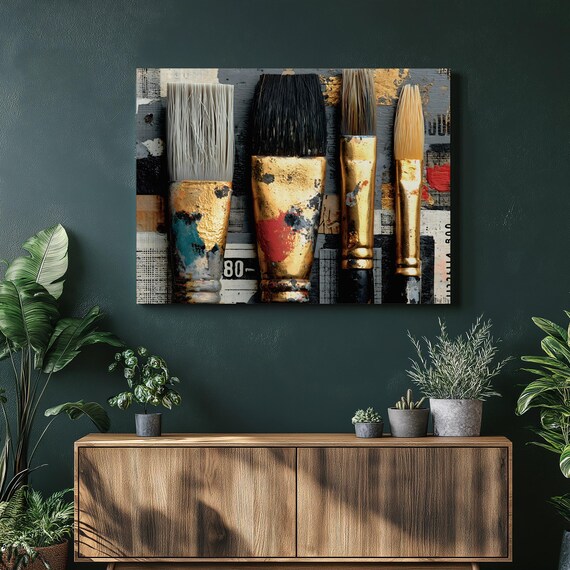 Abstract Artist Tools Canvas Wall Art Mixed Media Paint Brushes Gold Accents Textured Still Life Modern Decorative Brush Artwork