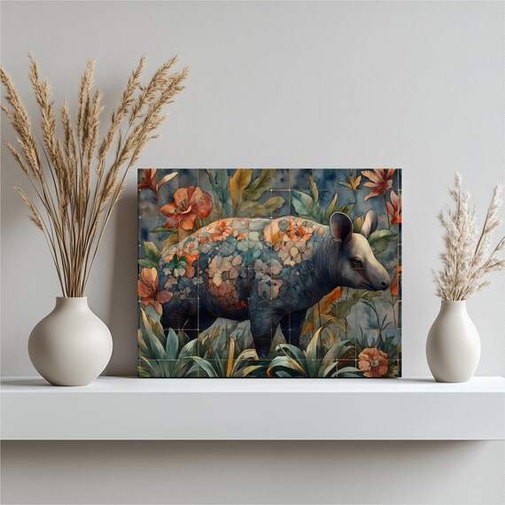 Floral Mosaic Jungle Tapir Wildlife Botanical Nature Art Poster