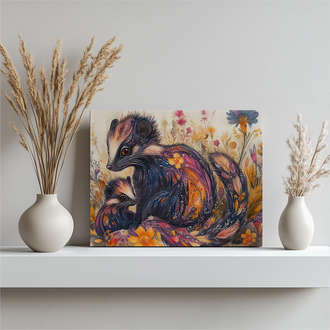 Skunk Mother And Baby Wildflower Meadow Colorful Wildlife Poster