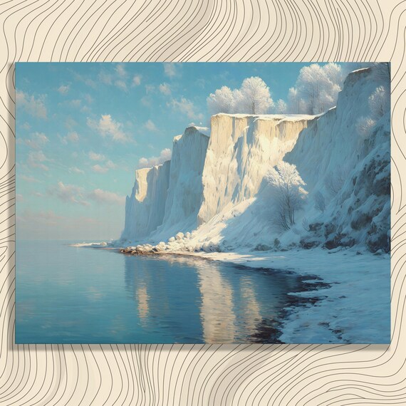 Winter White Cliffs Coastal Seascape Snowy Shoreline Scene Poster